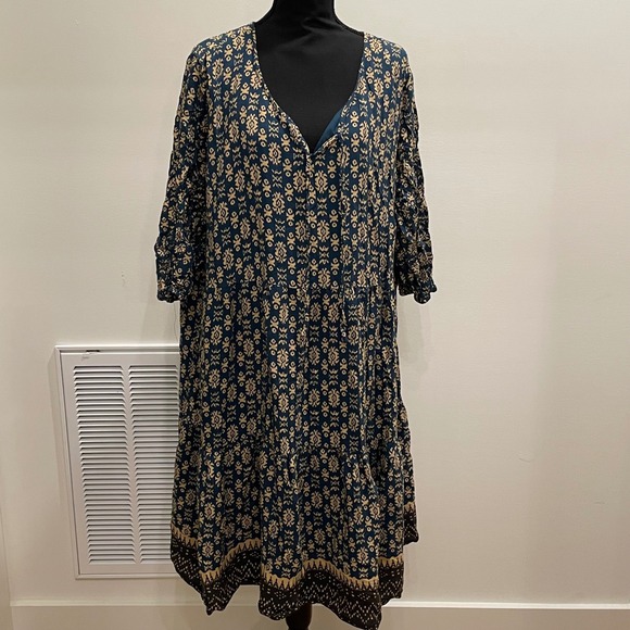Ryllace Dresses & Skirts - Ryllace Boho Floral V Neck Midi Dress Size 22 Teal Tan Tiered